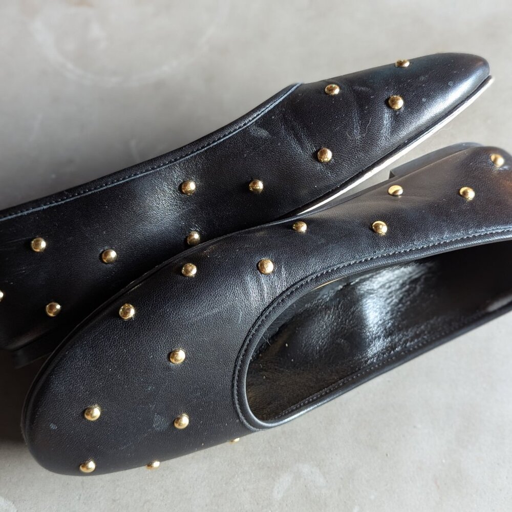 Dear Frances | Black Leather Bala Gold Studs Ballerina Flats | 38 - Picture 10 of 16